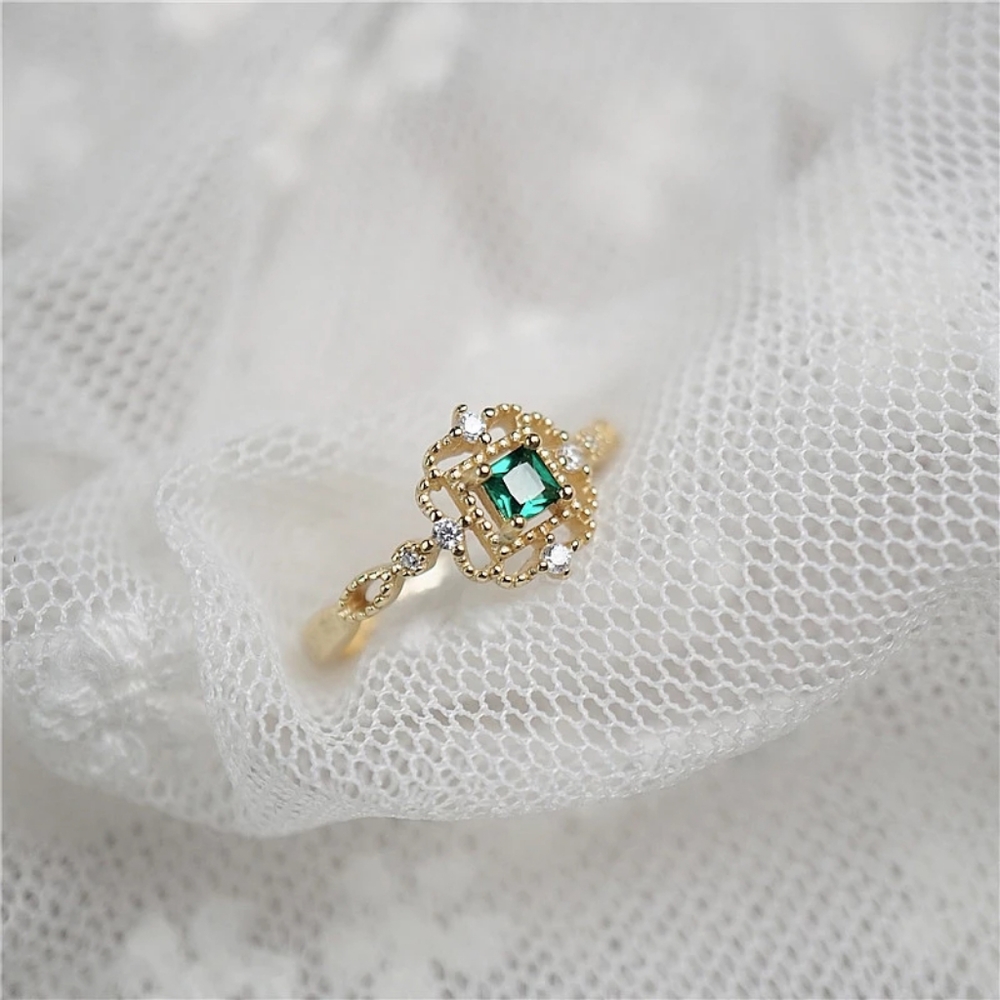 NEW Handmade Lace 14k Gold Filled Diamond Emerald Milgraine Adjustable Ring - Picture 3 of 16